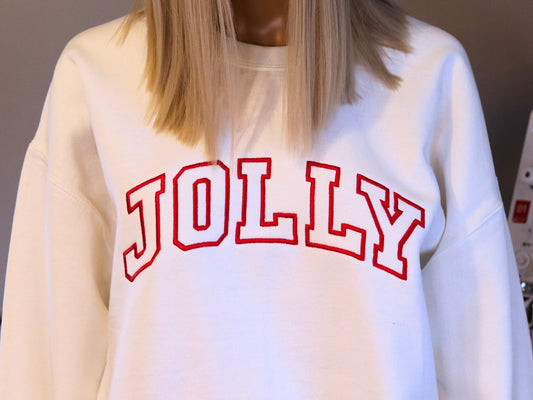 JOLLY Christmas Embroidered Sweatshirt, Varsity Crewneck, Perfect Holiday Gift