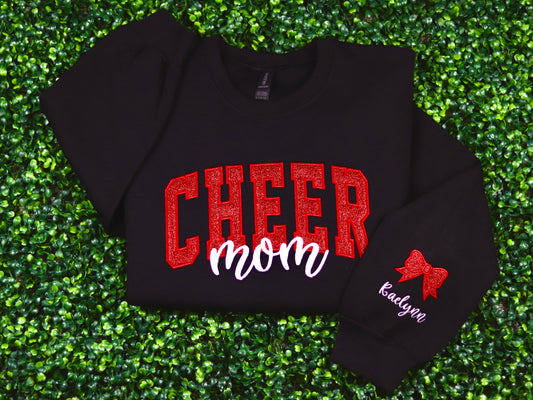 Personalized Embroidered Cheer Mom Sweatshirt, Team Spirit Crewneck, Cheer Mama Bow Shirt with Kids Name on Sleeve, Cheer Shirt Gift for Her