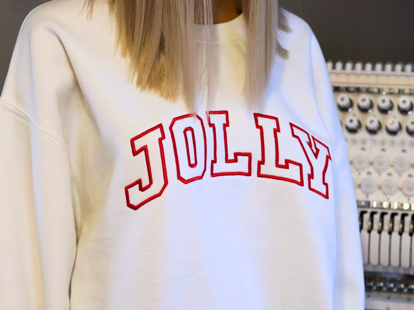 JOLLY Christmas Embroidered Sweatshirt, Varsity Crewneck, Perfect Holiday Gift