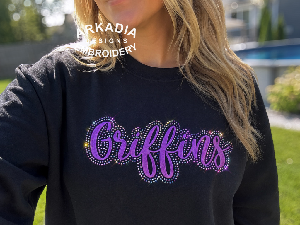 Cheer Mom Rhinestone Sweatshirt, Embroidered Team Name, Sparkly Spirit Wear