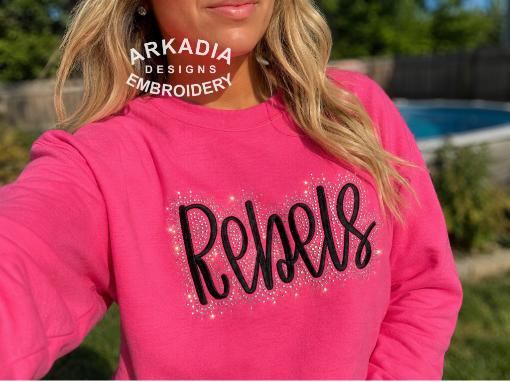 Embroidered Rebels Sweatshirt, Custom Cheer Crewneck, Mascot Bling Embroidered Shirt