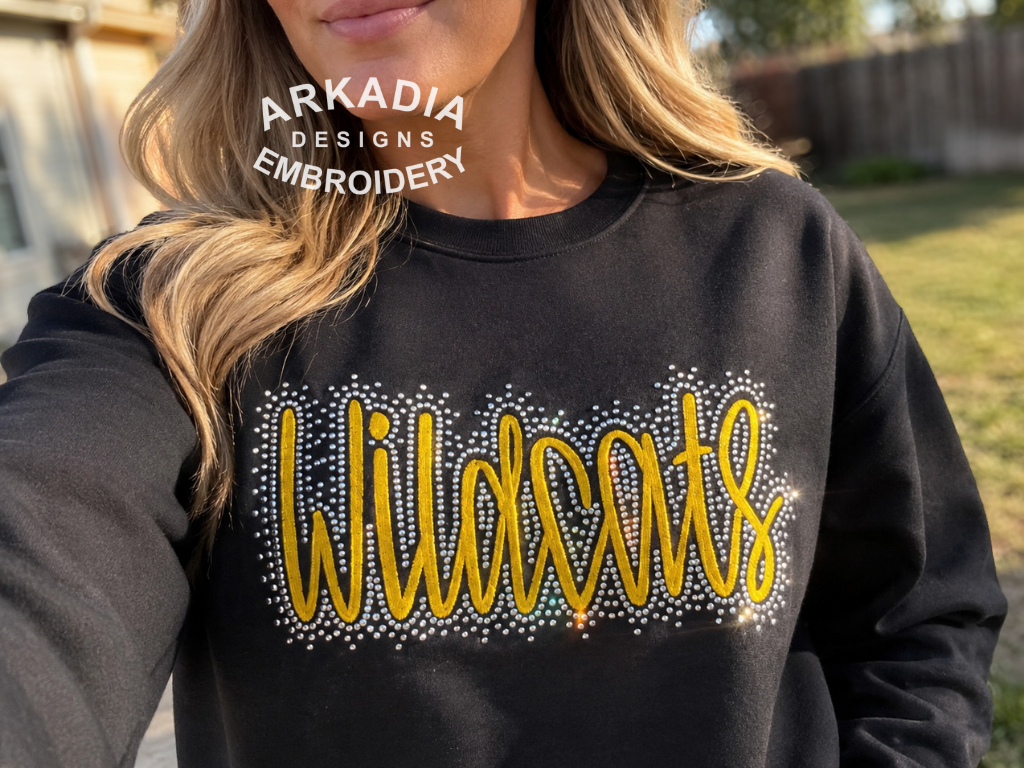Embroidered Wildcats Sweatshirt, Custom Cheer Crewneck, Mascot Bling Embroidered Shirt